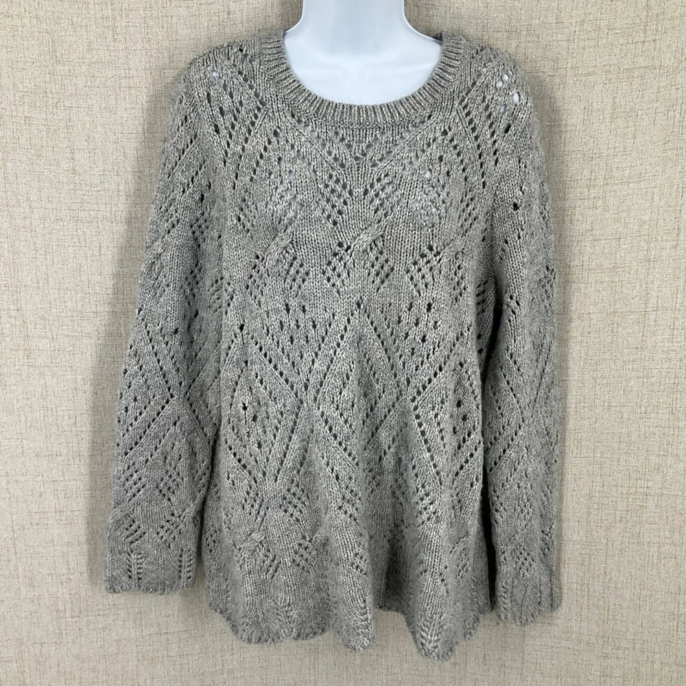LOFT‎ Sweater Women XL Gray Knit Pointelle Diamond Cable Pullover Boho Cottage